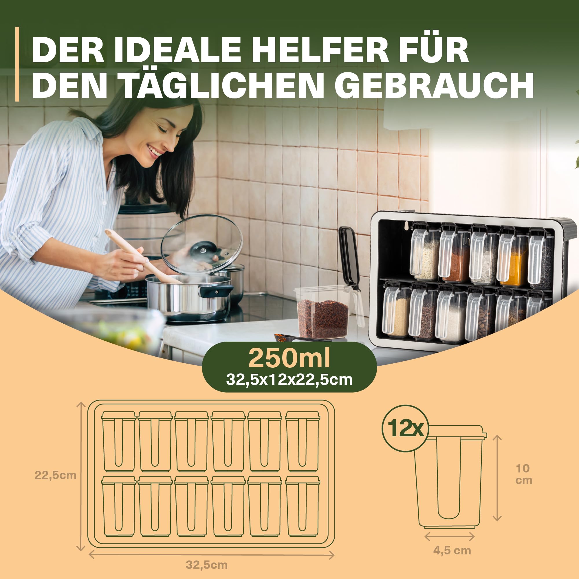 Viwares Gewürzdosen 12er Set mit Wandhalterung und Löffeln, Luftdicht, BPA-frei, Transparent, Gewürzdosen für organisierte Küche, Modernes, platzsparendes Gewürzregal mit Aromaschutz, 250ml