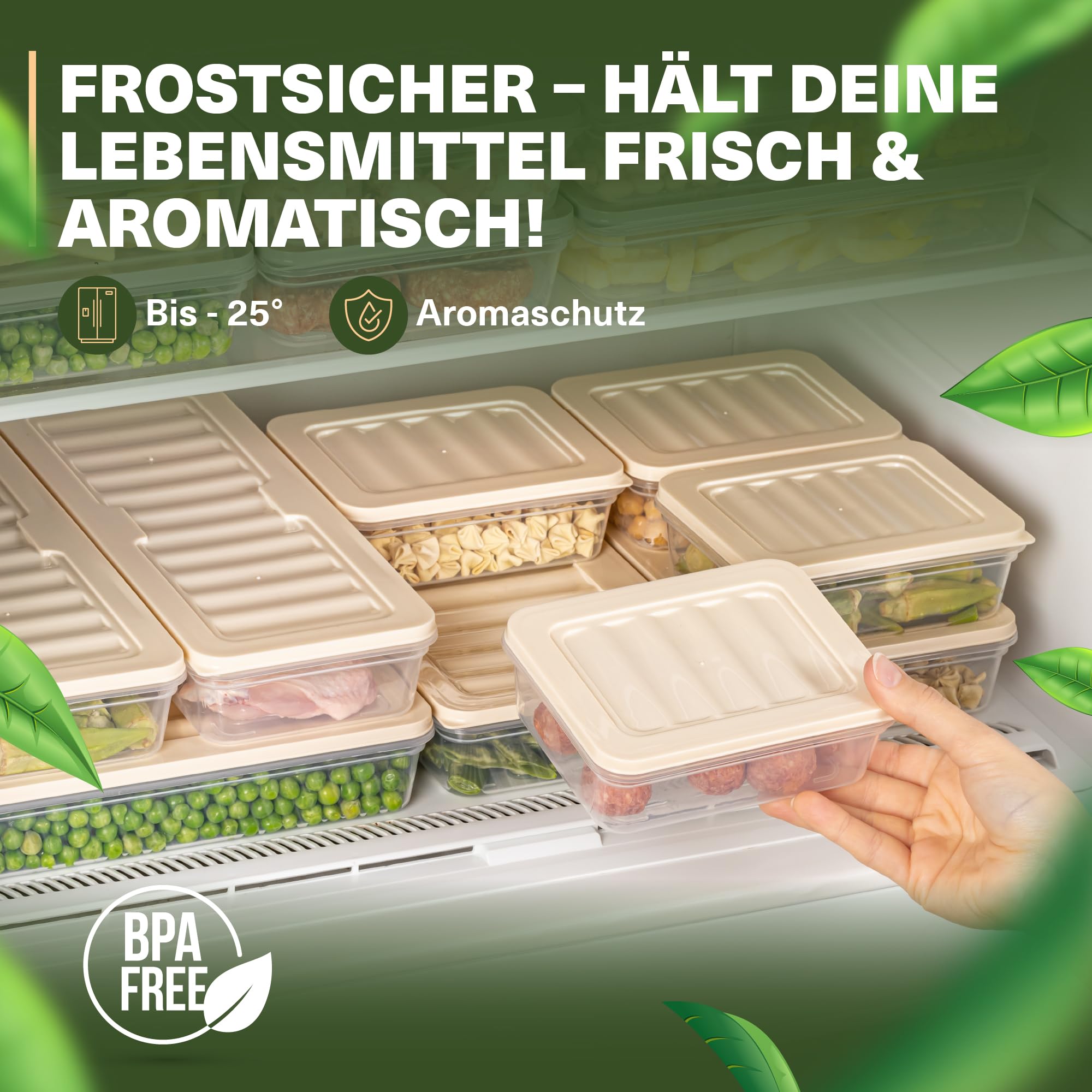 Viwares Stapelbare Frischhaltedosen 20er Set, Gefrierfach & Kühlschrank Organizer mit Deckel, Frostfest bis -25°C, Wiederverwendbare Aufschnittboxen, Lebensmittel frisch und geruchsfrei lagern