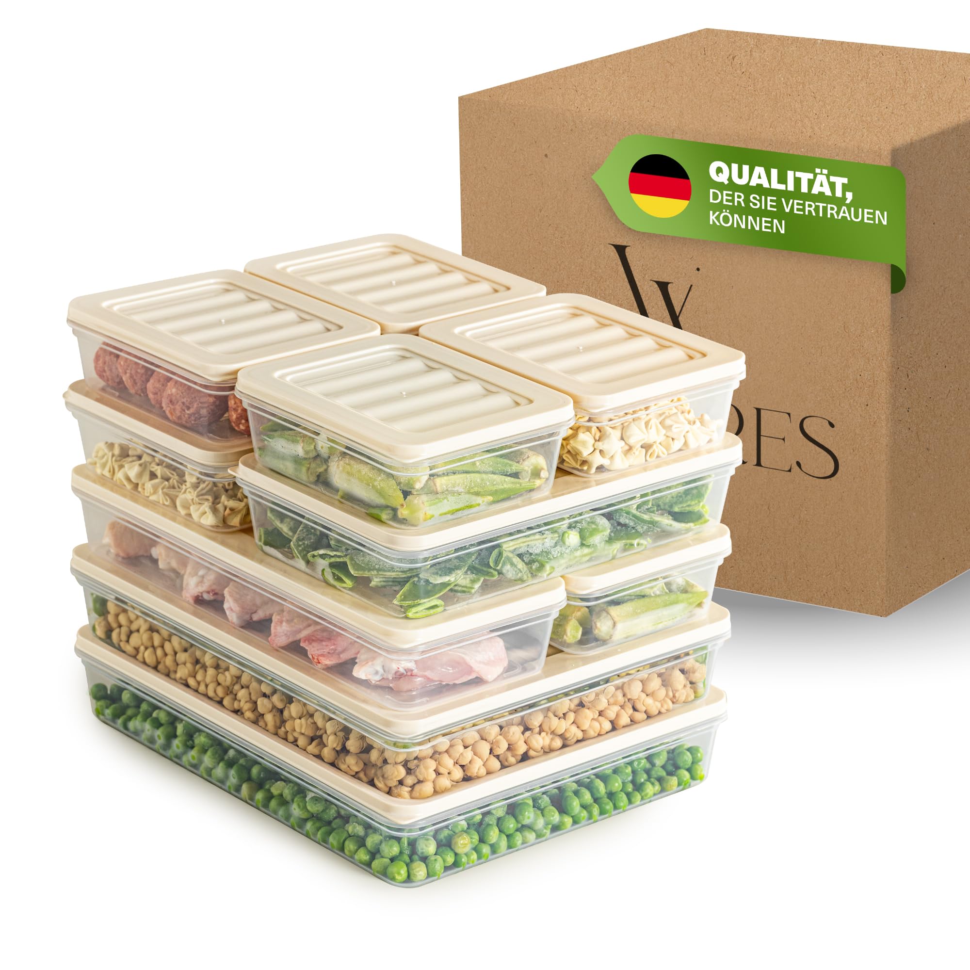 Viwares Stapelbare Frischhaltedosen 10er Set  - Perfekt für den Gefrierschrank - Beige