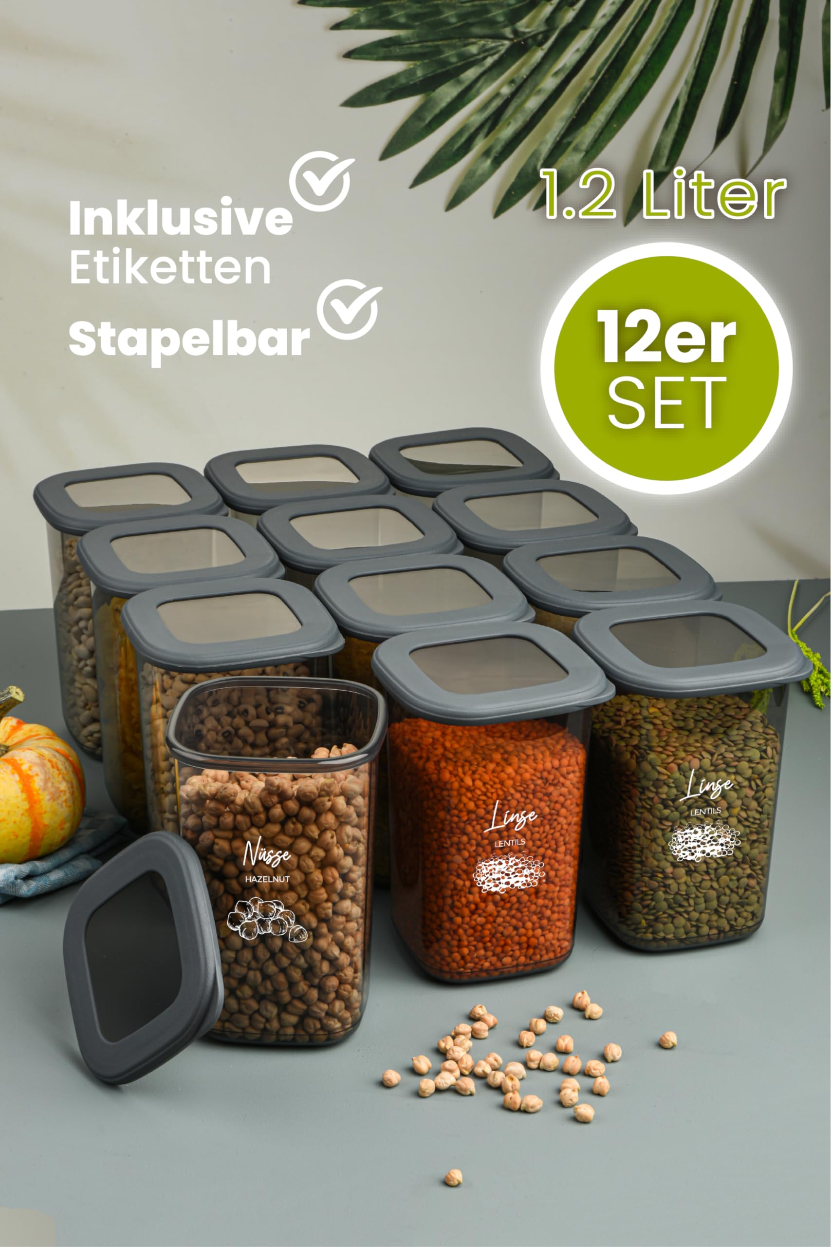 Viwares Vorratsdosen 12er-Set, 1,2L, luftdicht und stapelbar, Anthrazit - Serie FOLY