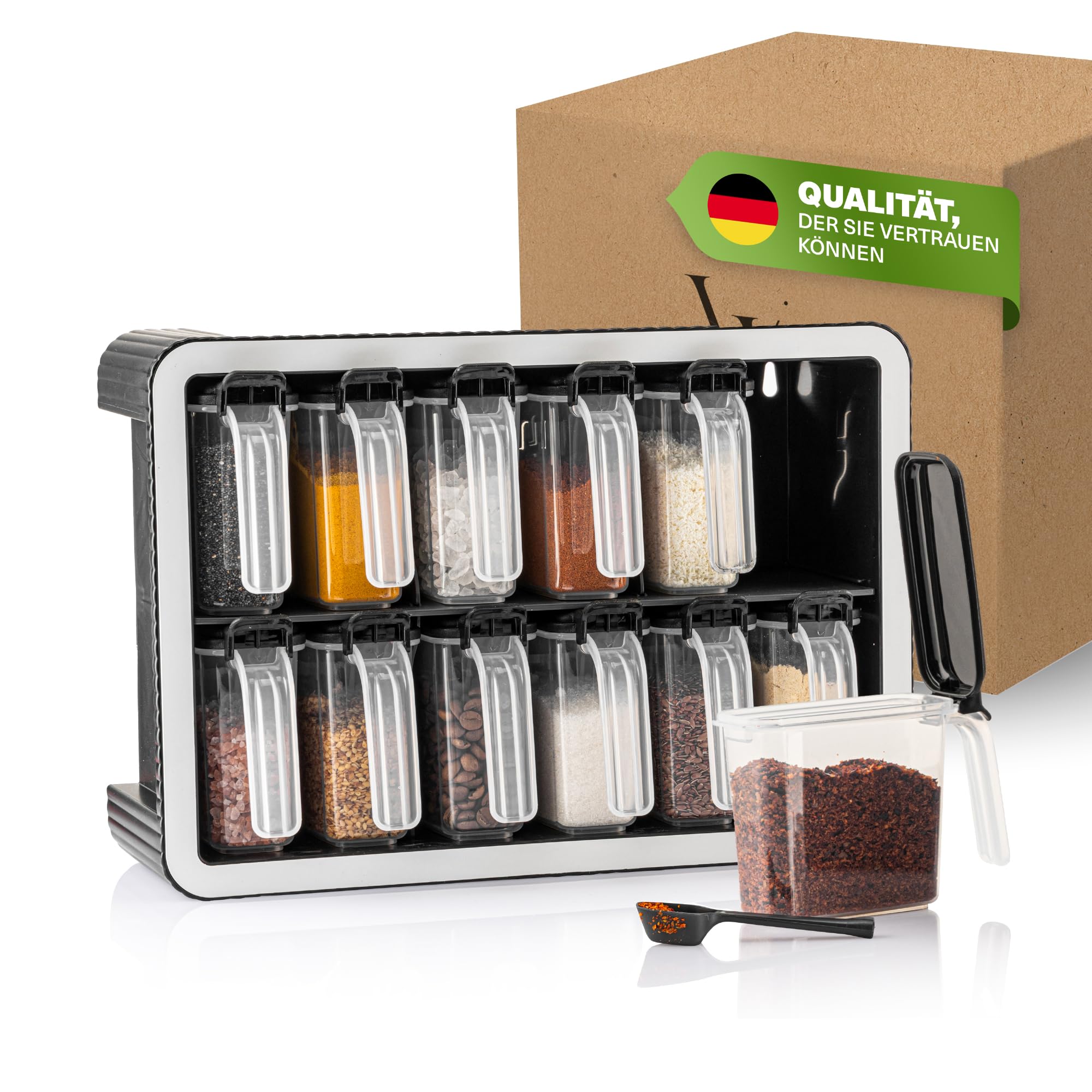 Viwares Gewürzdosen 12er Set mit Wandhalterung und Löffeln, Luftdicht, BPA-frei, Transparent, Gewürzdosen für organisierte Küche, Modernes, platzsparendes Gewürzregal mit Aromaschutz, 250ml