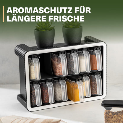 Viwares Gewürzdosen 12er Set mit Wandhalterung und Löffeln, Luftdicht, BPA-frei, Transparent, Gewürzdosen für organisierte Küche, Modernes, platzsparendes Gewürzregal mit Aromaschutz, 250ml