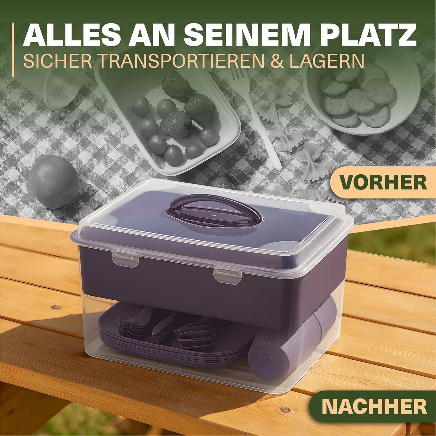 Picknick-Geschirrset 33-tlg mit Transportbox – Grau