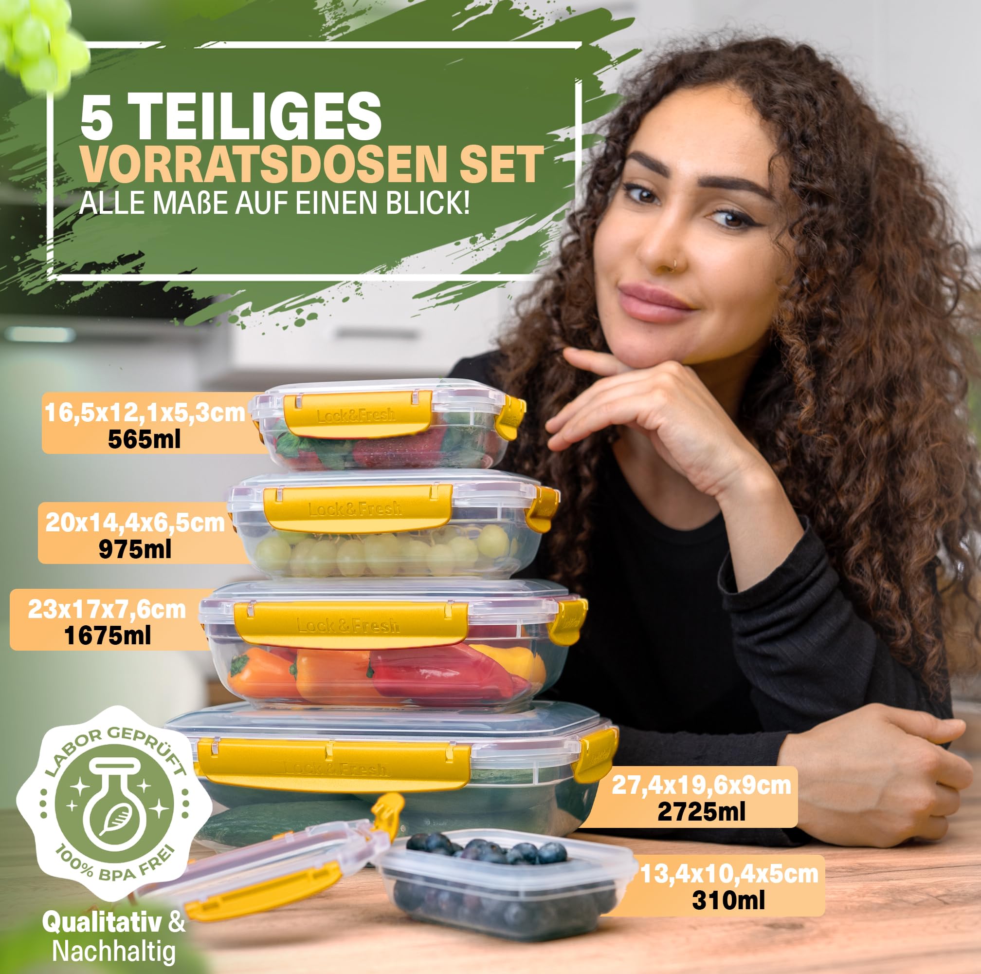 Viwares Frischhaltedosen 5er-Set Lock&fresh in Gelb – verschiedene Größen