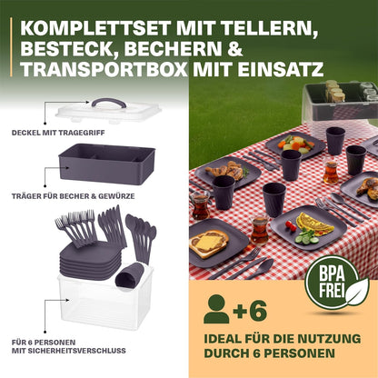 Picknick-Geschirrset 33-tlg mit Transportbox – Grau