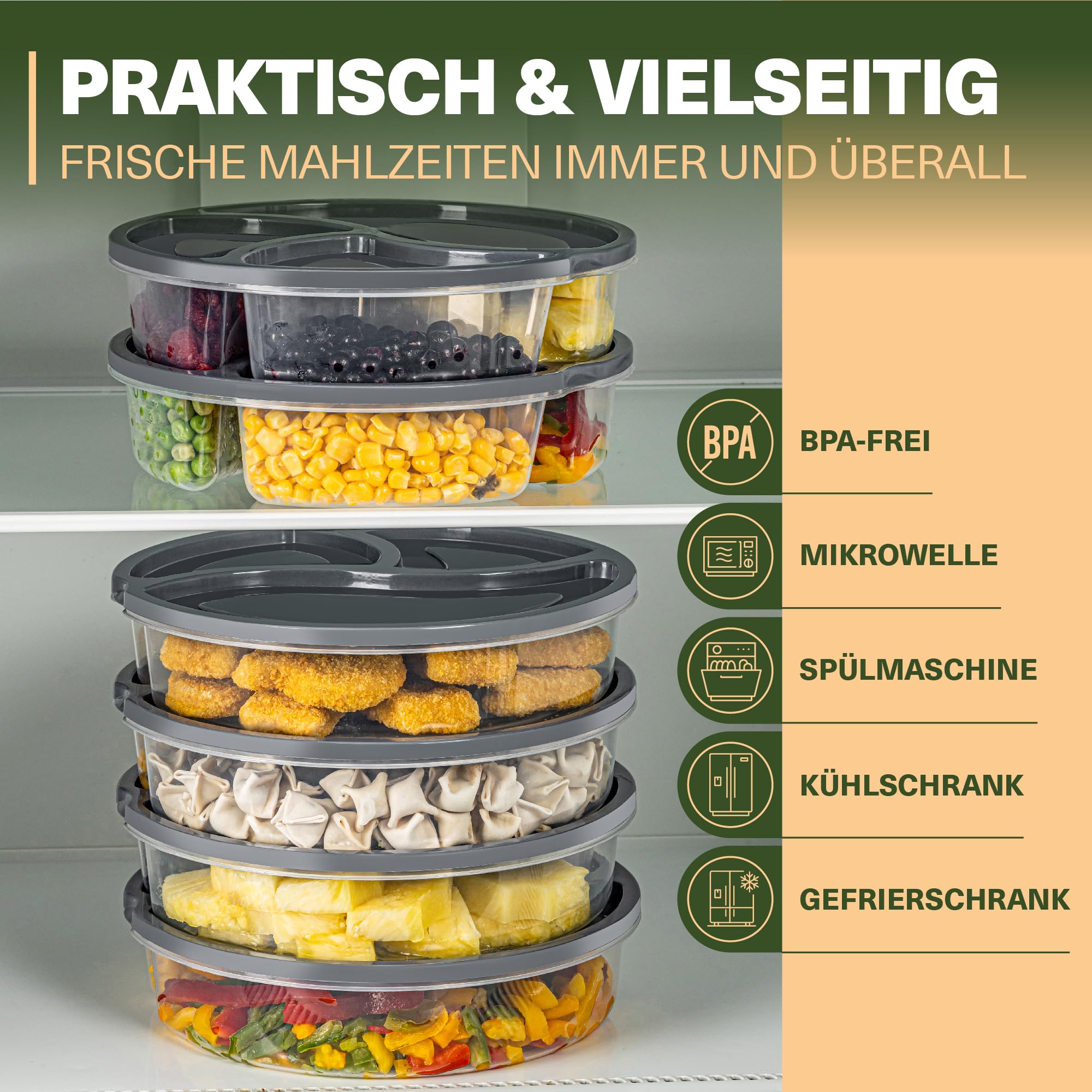 Viwares Frischhaltedosen-Set 6er mit Fächern – Meal Prep und Lunchboxen Rund