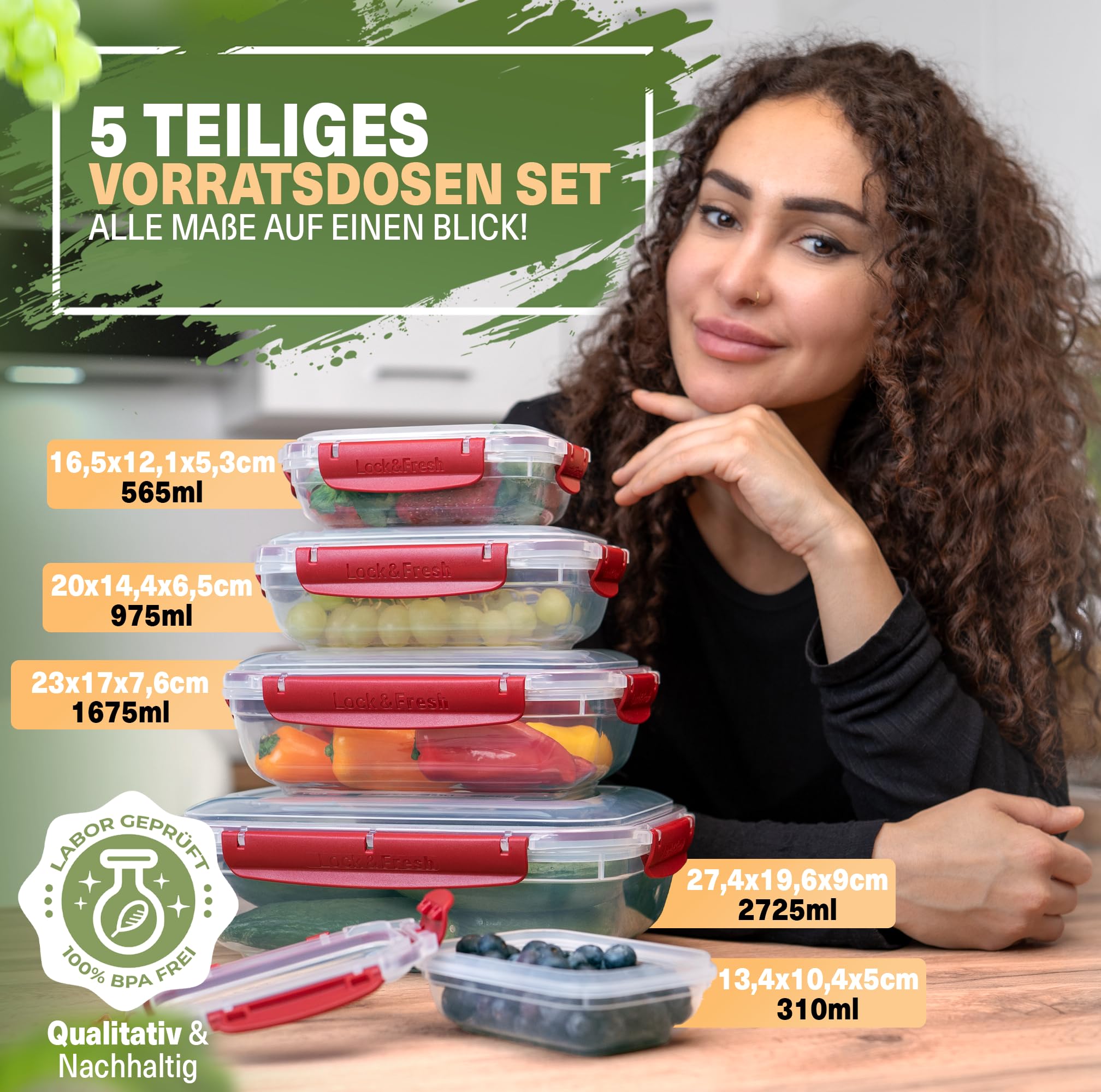 Viwares Frischhaltedosen 5er-Set Lock&fresh in Rot – verschiedene Größen