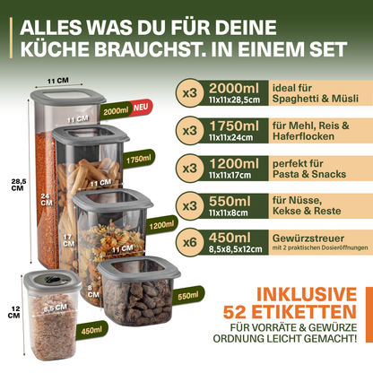 FOLY Serie – Transparent – 18-teiliges Vorratsdosen Set mit Gewürzdosen – Stapelbare Aufbewahrungsboxen & Frischhaltedosen Küche