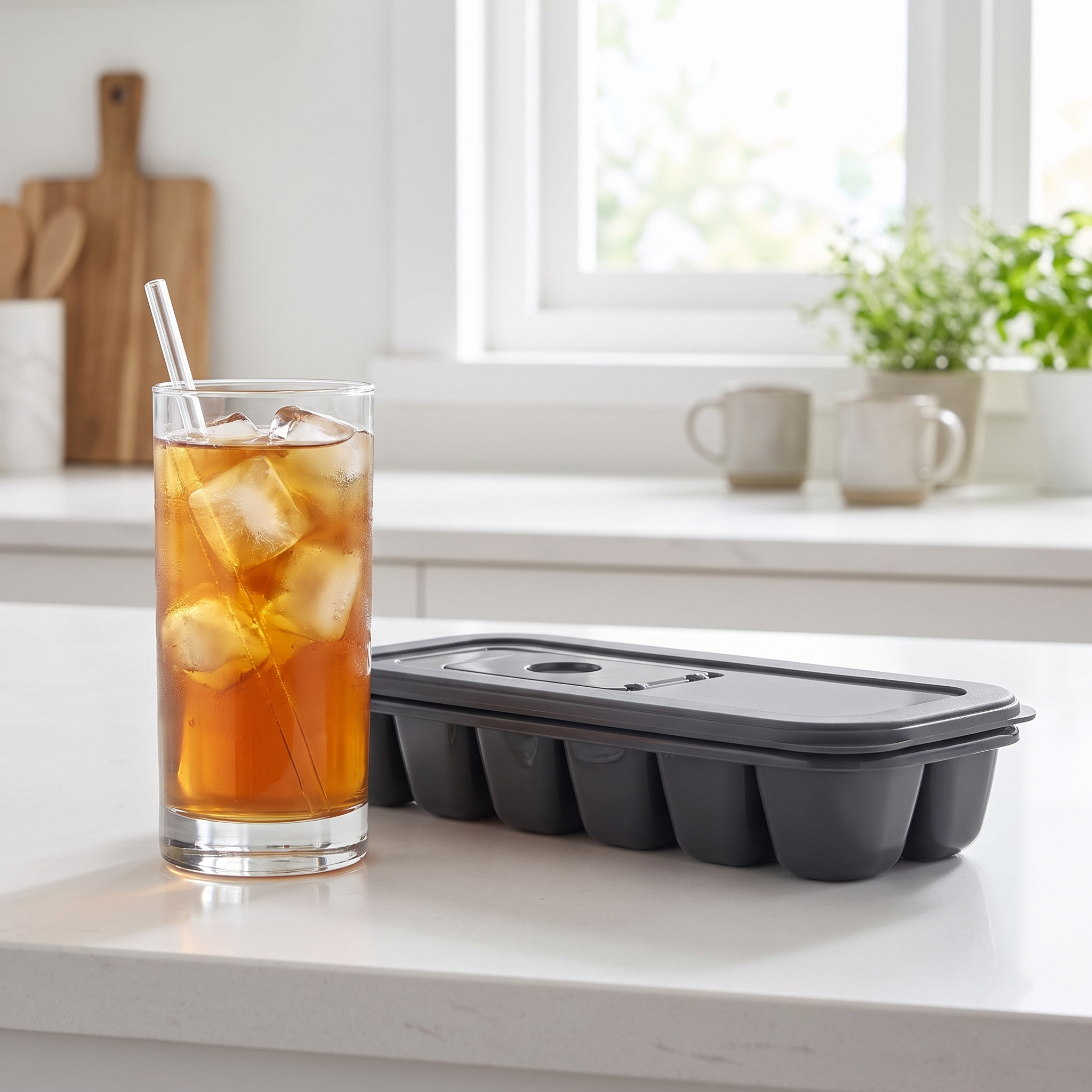 Eiswürfelform mit Deckel neben Glas mit Eiswürfeln | viwares