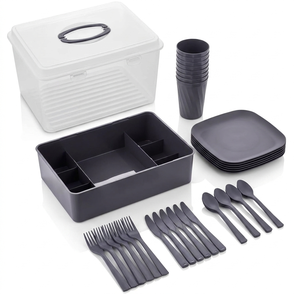 Picknick-Geschirrset 33-tlg mit Transportbox – Grau