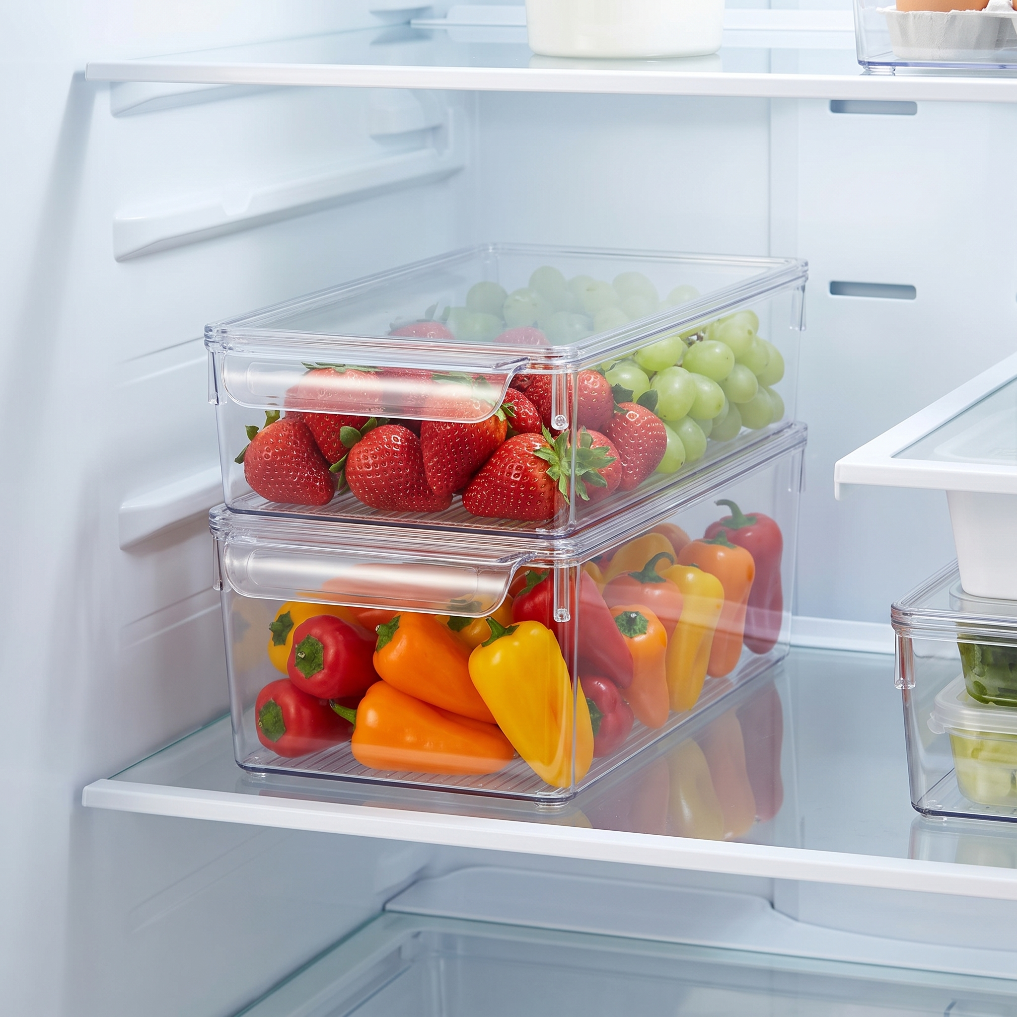 Kühlschrank-Organizer transparent mit Obst und Gemüse im Kühlschrankfach | viwares