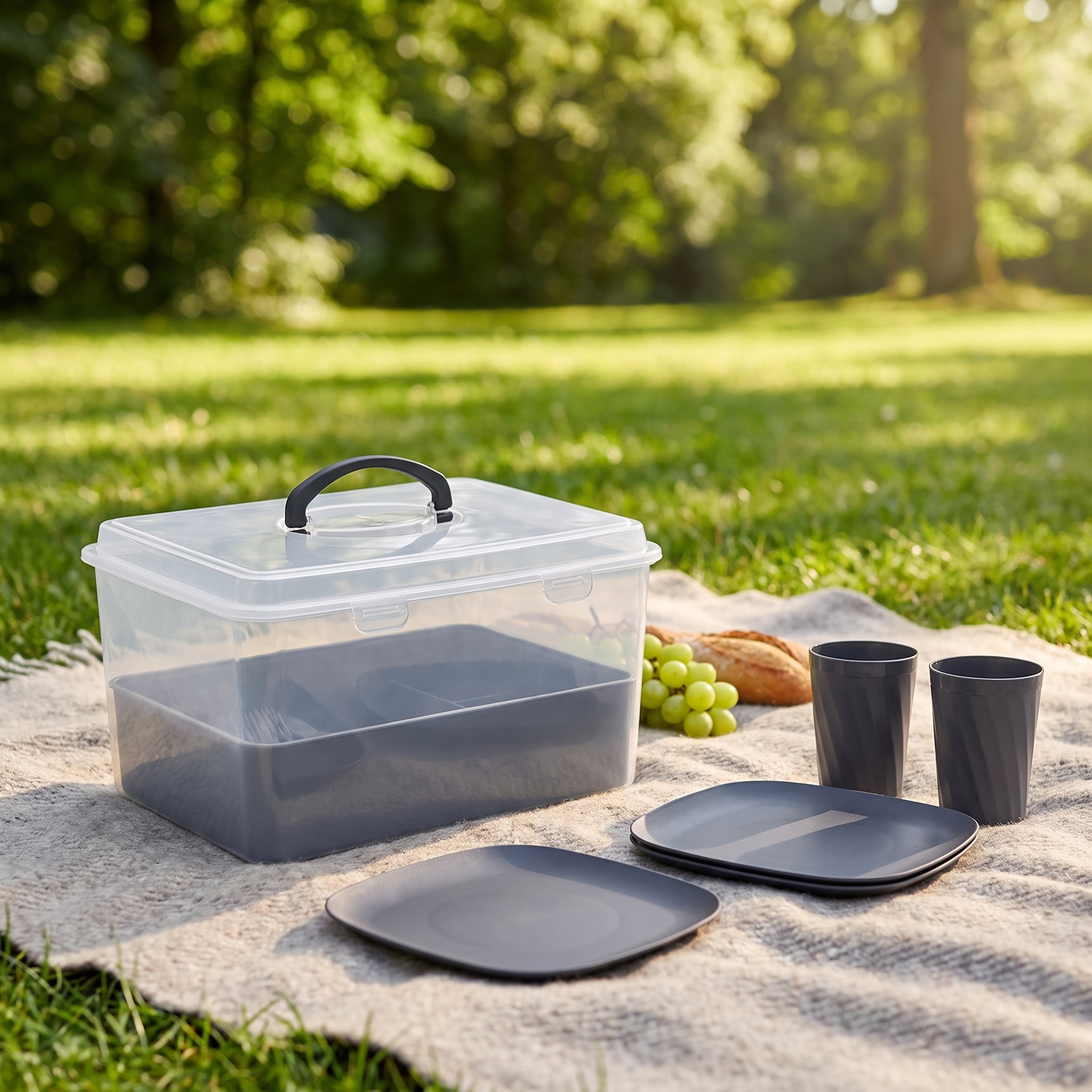 Picknick-Geschirrset in Transportbox auf Picknickdecke – 33-teilig Grau | viwares