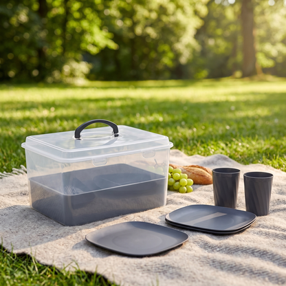 Picknick-Geschirrset in Transportbox auf Picknickdecke – 33-teilig Grau | viwares