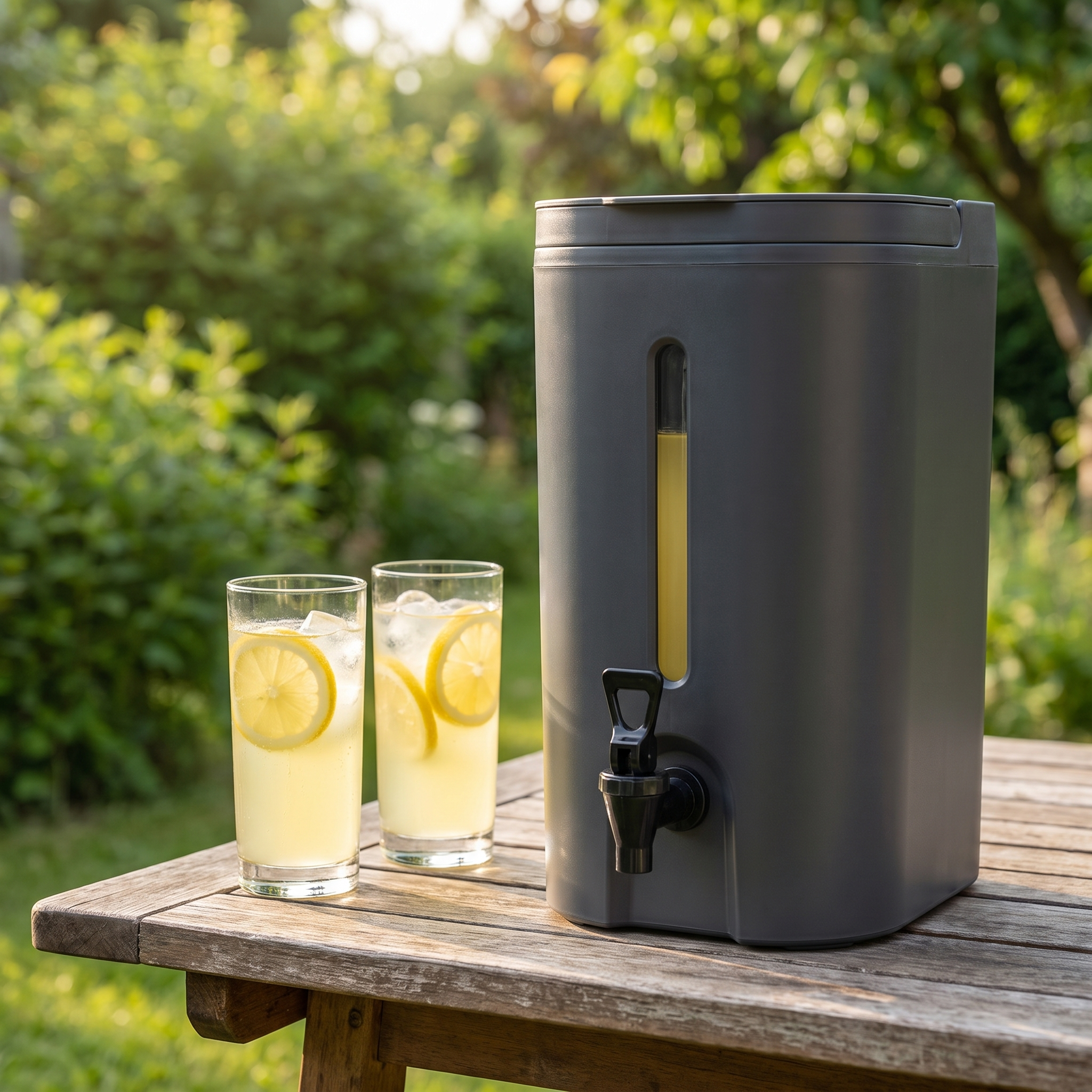 Getränkespender mit Zapfhahn auf dem Gartentisch mit Limonade | viwares